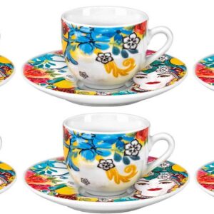 Fade isabella,set 6 tazze caffè con piattino in fine porcellana, qualità extra