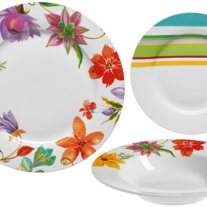 Q.B Fiori e righe, set 18 piatti in fine porcellana