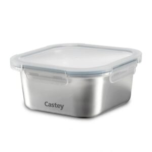 Castey, contenitore quadrato 600 ml per microonde, con coperchio ermetico, acciaio inox