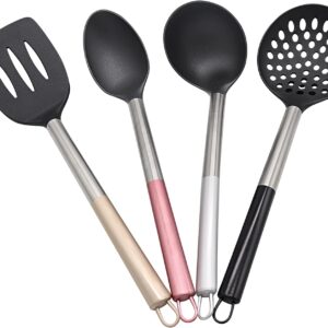 Mopita Flou, Set 4 mestoli da Cucina in nylon manico Acciaio colorato, Mestolo, Cucchiaio, Paletta Forata e Schiumarola