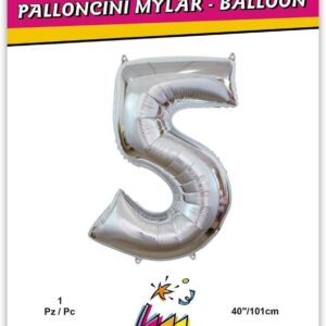 Rocca fun factory, palloncino numero 5 argento mega 40 - 101 cm 1 pz