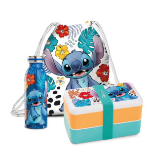 Disney Stitch, Lunch box cm 18×10 + sacca + bottiglia blu