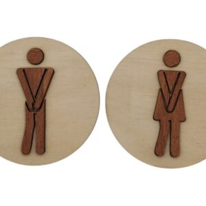 The Bars, coppia di icone 3D uomo e donna per la porta del bagno, in legno di faggio
